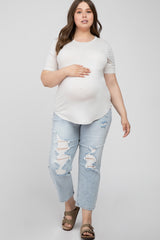 Ivory Crew Neck Front Pocket Short Sleeve Maternity Plus Top