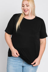 Black Crew Neck Front Pocket Short Sleeve Plus Top