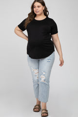 Black Crew Neck Front Pocket Short Sleeve Maternity Plus Top