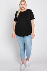 Black Crew Neck Front Pocket Short Sleeve Plus Top