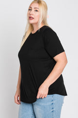 Black Crew Neck Front Pocket Short Sleeve Plus Top