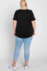 Black Crew Neck Front Pocket Short Sleeve Plus Top