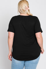 Black Crew Neck Front Pocket Short Sleeve Plus Top