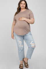 Taupe Crew Neck Front Pocket Short Sleeve Maternity Plus Top