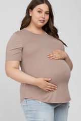 Taupe Crew Neck Front Pocket Short Sleeve Maternity Plus Top