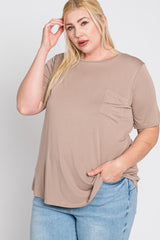 Taupe Crew Neck Front Pocket Short Sleeve Maternity Plus Top