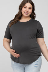 Grey Crew Neck Front Pocket Short Sleeve Maternity Plus Top