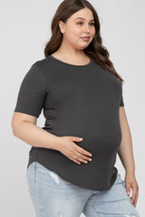 Grey Crew Neck Front Pocket Short Sleeve Maternity Plus Top