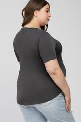 Grey Crew Neck Front Pocket Short Sleeve Maternity Plus Top