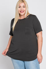 Grey Crew Neck Front Pocket Short Sleeve Maternity Plus Top