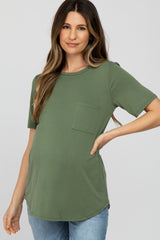 Light Olive Crew Neck Front Pocket Short Sleeve Maternity Top