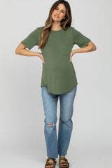 Light Olive Crew Neck Front Pocket Short Sleeve Maternity Top