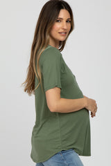 Light Olive Crew Neck Front Pocket Short Sleeve Maternity Top