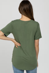 Light Olive Crew Neck Front Pocket Short Sleeve Maternity Top