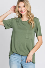 Light Olive Crew Neck Front Pocket Short Sleeve Top