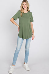 Light Olive Crew Neck Front Pocket Short Sleeve Top