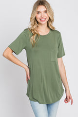 Light Olive Crew Neck Front Pocket Short Sleeve Top