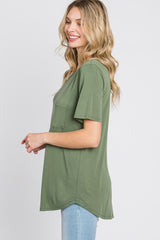 Light Olive Crew Neck Front Pocket Short Sleeve Top