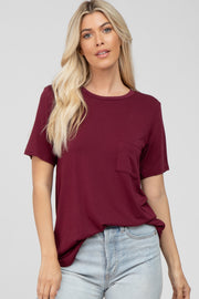 Burgundy Crew Neck Front Pocket Short Sleeve Top