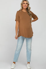 Camel Crew Neck Front Pocket Short Sleeve Maternity Top