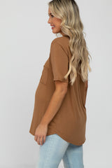 Camel Crew Neck Front Pocket Short Sleeve Maternity Top