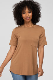 Camel Crew Neck Front Pocket Short Sleeve Top