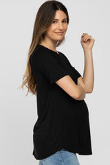 Black Crew Neck Front Pocket Short Sleeve Maternity Top