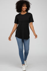 Black Crew Neck Front Pocket Short Sleeve Top