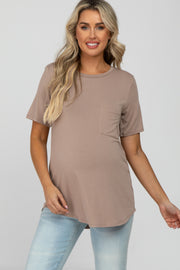 Taupe Crew Neck Front Pocket Short Sleeve Maternity Top