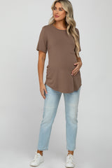 Mocha Crew Neck Front Pocket Short Sleeve Maternity Top