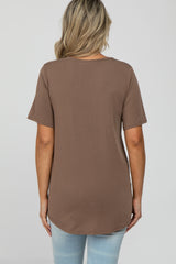 Mocha Crew Neck Front Pocket Short Sleeve Maternity Top