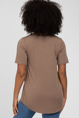 Mocha Crew Neck Front Pocket Short Sleeve Top