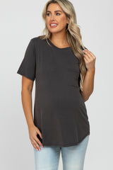 Dark Grey Crew Neck Front Pocket Short Sleeve Maternity Top