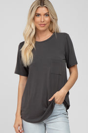 Dark Grey Crew Neck Front Pocket Short Sleeve Top