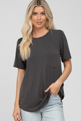 Dark Grey Crew Neck Front Pocket Short Sleeve Maternity Top