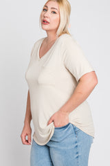 Beige V-Neck Front Pocket Short Sleeve Plus Top