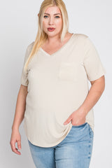 Beige V-Neck Front Pocket Short Sleeve Plus Top