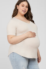 Beige V-Neck Front Pocket Short Sleeve Maternity Plus Top