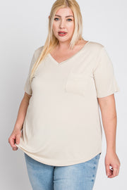 Beige V-Neck Front Pocket Short Sleeve Plus Top