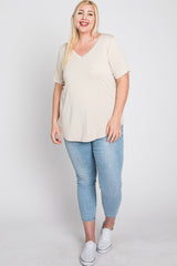 Beige V-Neck Front Pocket Short Sleeve Plus Top