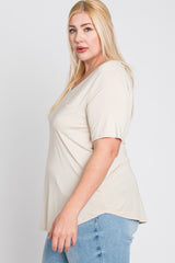 Beige V-Neck Front Pocket Short Sleeve Plus Top