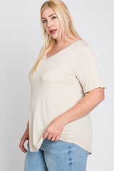 Beige V-Neck Front Pocket Short Sleeve Plus Top