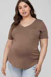 Mocha V-Neck Front Pocket Short Sleeve Maternity Plus Top