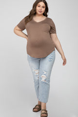 Mocha V-Neck Front Pocket Short Sleeve Maternity Plus Top