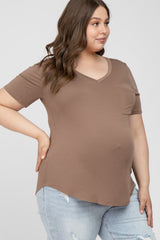 Mocha V-Neck Front Pocket Short Sleeve Maternity Plus Top