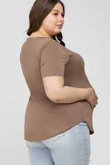 Mocha V-Neck Front Pocket Short Sleeve Maternity Plus Top