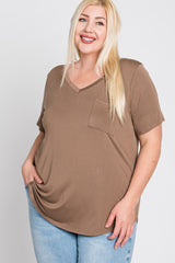 Mocha V-Neck Front Pocket Short Sleeve Maternity Plus Top