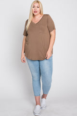 Mocha V-Neck Front Pocket Short Sleeve Plus Top