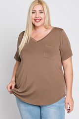 Mocha V-Neck Front Pocket Short Sleeve Plus Top