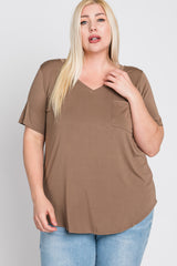 Mocha V-Neck Front Pocket Short Sleeve Plus Top